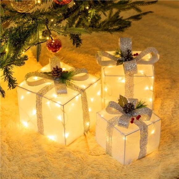 Holiday Set Of 3 Plugin Christmas Lighted Gift Boxes Prelit 6 Led